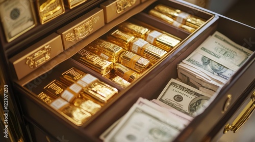 A lavish open safe deposit box containing gold bars, cash bundles, and vital papers, symbolizing the height of financial wealth. photo