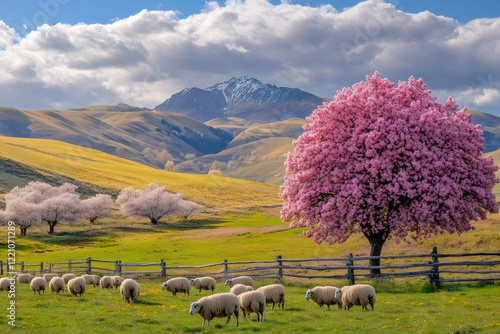 Sheep grazing in a field with blooming trees and mountains in the background