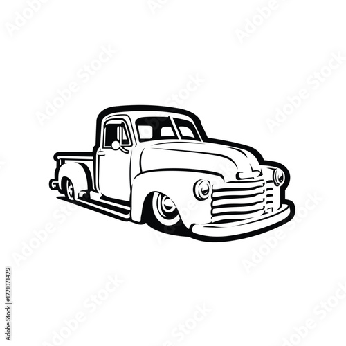 Vintage Classic Pickup Truck Vector Silhouette Monochrome Icon Illustration
