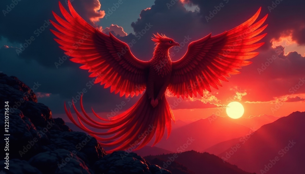 Obraz premium Crimson phoenix ablaze, dramatic silhouette against night, burning, fiery, rebirth