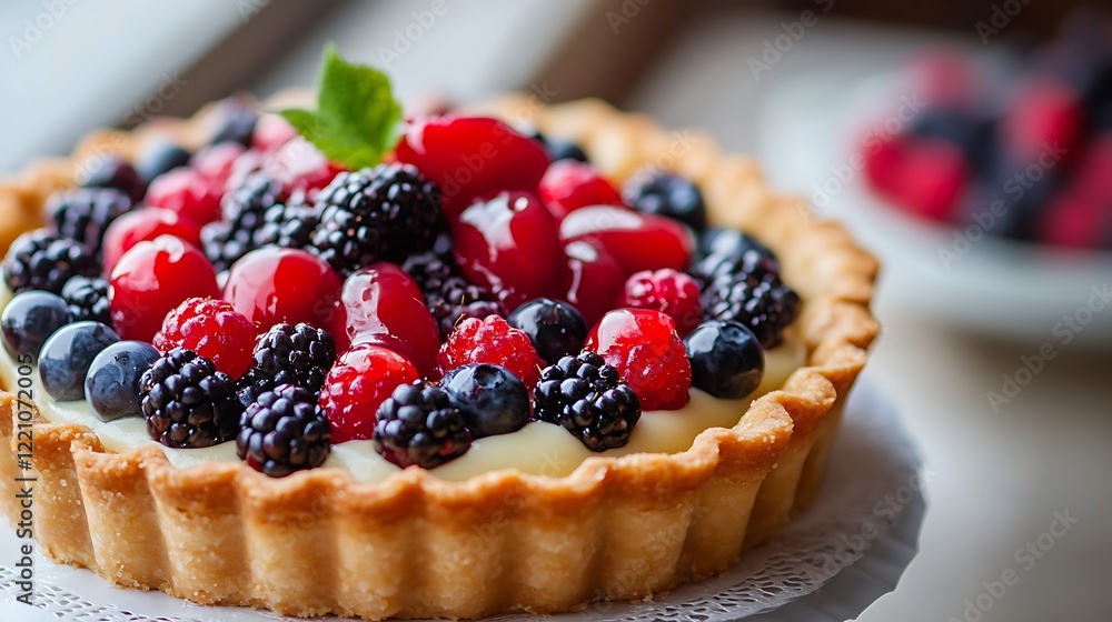 A fruit tart with colorful berries and a shiny glaze
A fruit tart with colorful berries and a shiny glaze