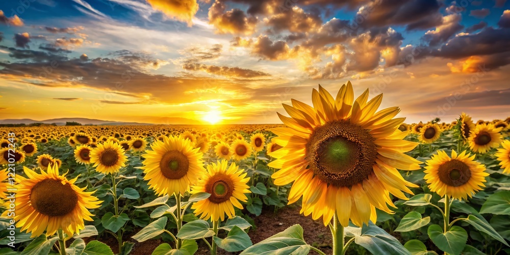 Fototapeta premium Vibrant Sunflower Field at Sunset, Ample Copy Space for Text - Summer Nature Background