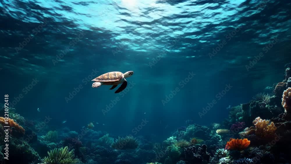 A serene underwater scene featuring a sea turtle swimming above a vibrant coral reef with sunlight streaming through the water, symbolizing marine life and tranquility.
A serene underwater scene featuring a sea turtle swimming above a vibrant coral reef with sunlight streaming through the water, symbolizing marine life and tranquility.