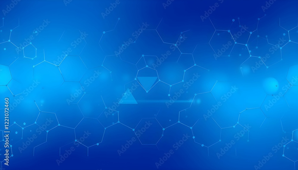 Fototapeta premium Abstract blue background, geometric shapes, hexagonal molecular structures, futuristic network connections, glowing particles, digital technology concept, science visualization, seamless pattern