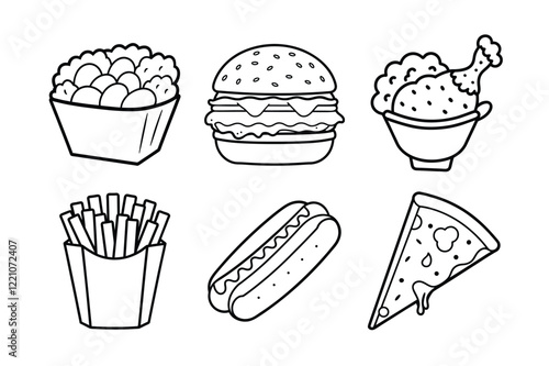 A Bundle of fast food  line art black Vector illustration isolated icon