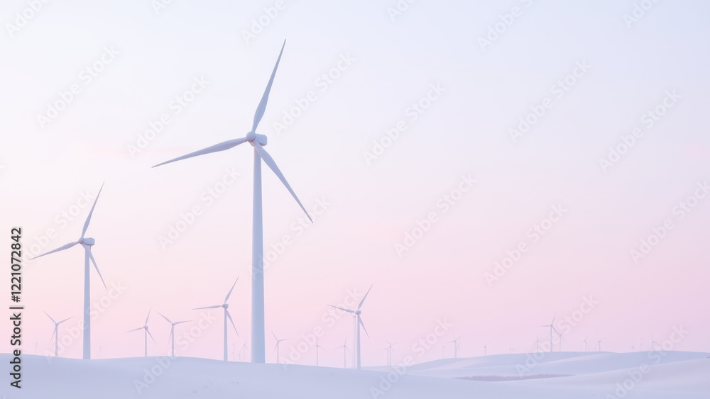 custom made wallpaper toronto digitalA panoramic view of a wind farm at sunrise with mist and a pink sky.