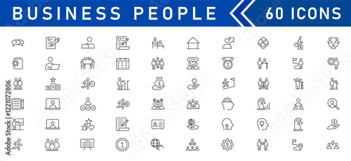 Business people line icons set. Teamwork, human resources, meeting, partnership, workgroup, success, leadership. Editable outline icon.