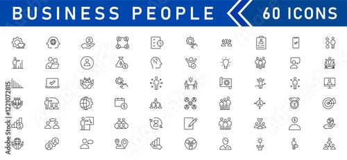 Business people line icons set. Teamwork, human resources, meeting, partnership, workgroup, success, leadership. Editable outline icon.