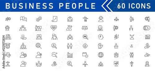 Business people line icons set. Teamwork, human resources, meeting, partnership, workgroup, success, leadership. Editable outline icon.