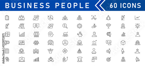 Business people line icons set. Teamwork, human resources, meeting, partnership, workgroup, success, leadership. Editable outline icon.