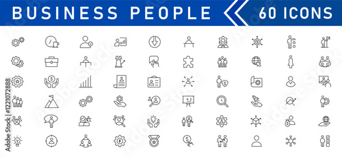 Business people line icons set. Teamwork, human resources, meeting, partnership, workgroup, success, leadership. Editable outline icon.