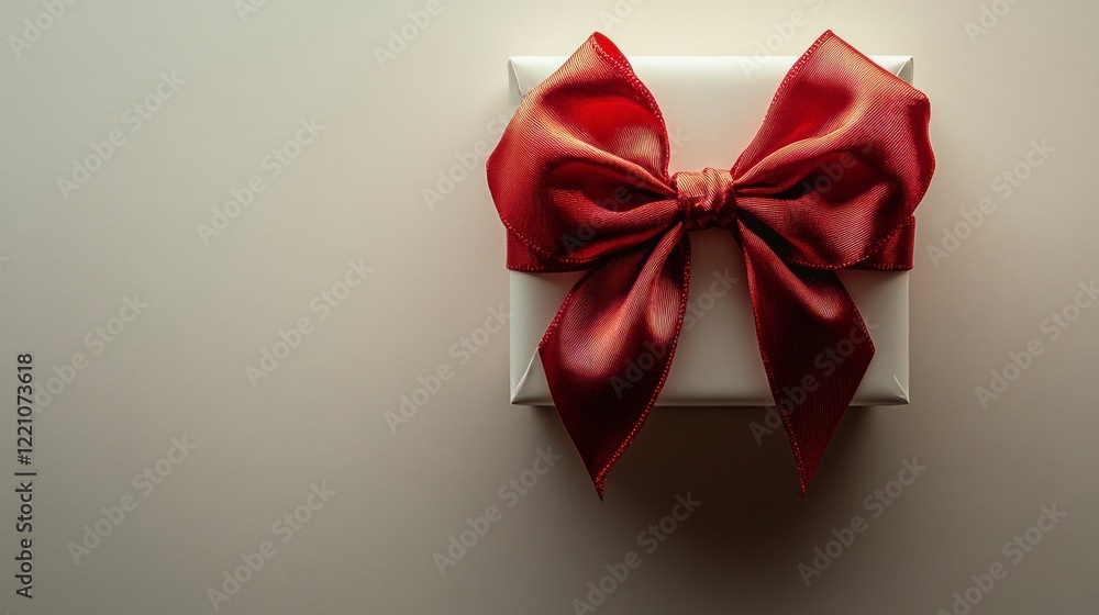 Gift presentation with red bow elegant setting high-quality image minimalist background top-down view celebration concept Gift presentation with red bow elegant setting high-quality image minimalist background top-down view celebration concept