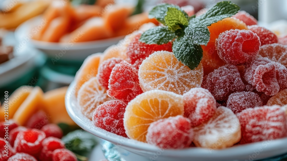 A close-up view of a bowl filled with fruity candies, topped with fresh mint, an eye-catching display showcasing a variety of colors and flavors. A close-up view of a bowl filled with fruity candies, topped with fresh mint, an eye-catching display showcasing a variety of colors and flavors.