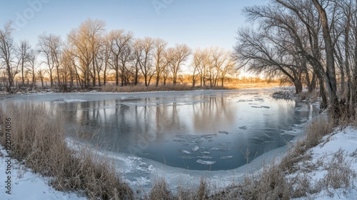 Winter River Scene with Bare Trees and Partial Ice Cover