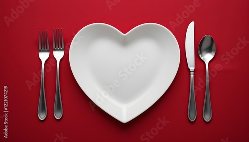 High-angle, close-up view of a heart-shaped white plate, a fork, a knife, and a spoon arranged on a deep red tablecloth. The plate is centered, empty, and positioned horizontally. 