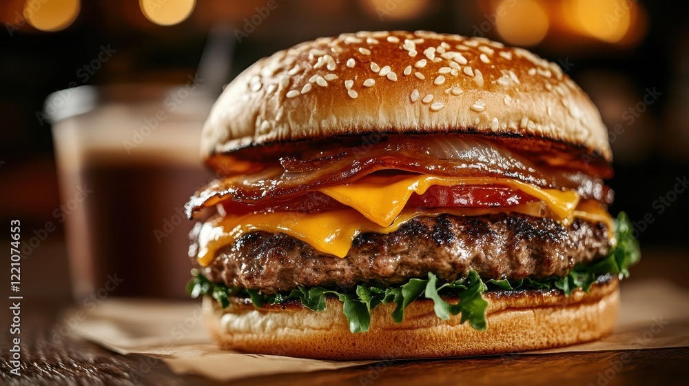 A delightful cheeseburger layered with crispy bacon, fresh veggies, and melted cheese, perfectly capturing the essence of an indulgent meal that everyone craves. A delightful cheeseburger layered with crispy bacon, fresh veggies, and melted cheese, perfectly capturing the essence of an indulgent meal that everyone craves.