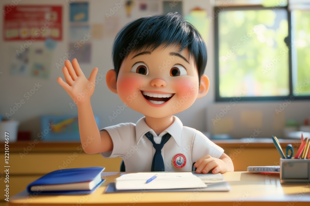 Asian Child in School Uniform Smiling at Desk Asian Child in School Uniform Smiling at Desk