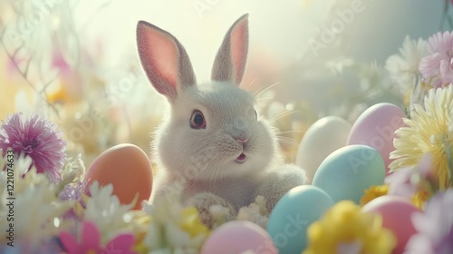A curious bunny with one ear raised, sitting among colorful eggs and flowers, ready to celebrate Easter