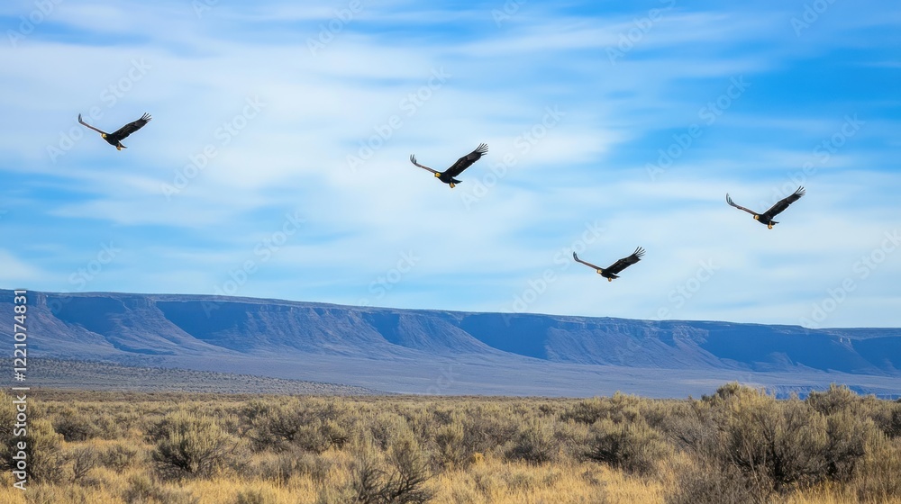 Four Eagles Soaring Over Desert Landscape Four Eagles Soaring Over Desert Landscape