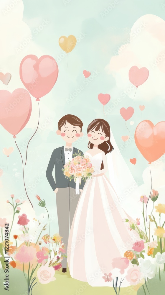 Joyful Cartoon Marriage Scene with Bride, Groom, Balloons, and Flowers Joyful Cartoon Marriage Scene with Bride, Groom, Balloons, and Flowers