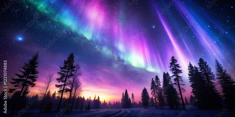 Naklejka premium Vintage Aurora Borealis Night Sky, Silhouetted Trees, Purple Glow