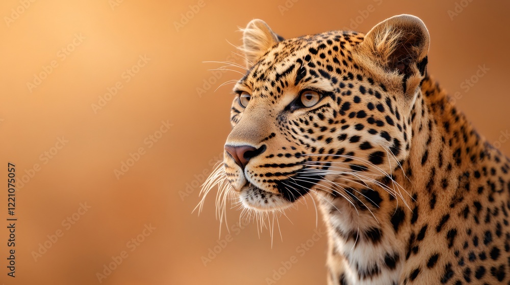 Leopard staring intensely with amber background at sunset in the African savanna Leopard staring intensely with amber background at sunset in the African savanna
