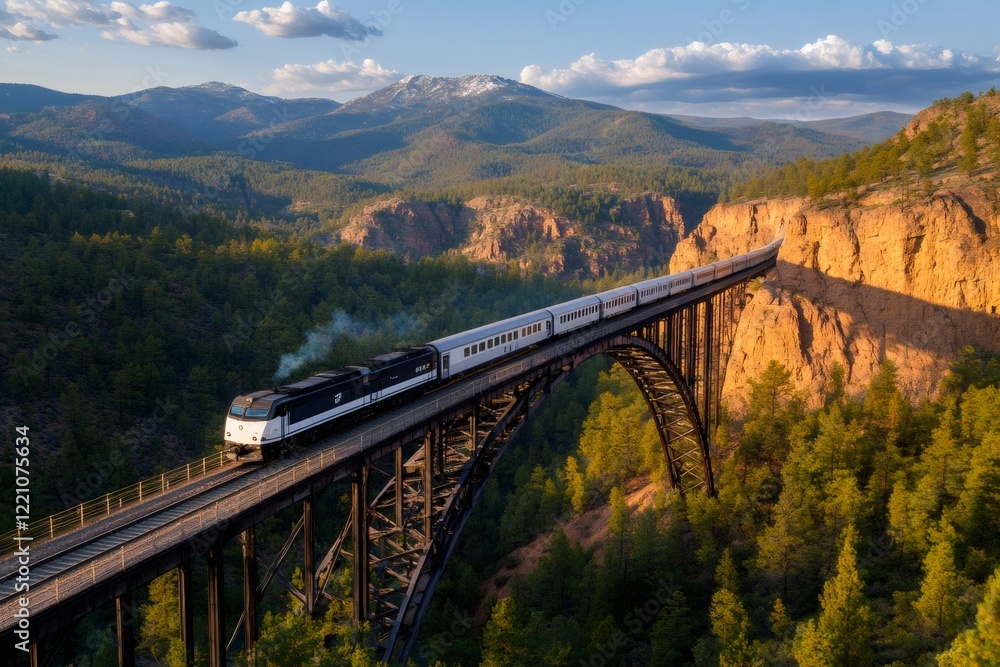Passenger train crossing bridge in beautiful mountain valley at sunset Passenger train crossing bridge in beautiful mountain valley at sunset