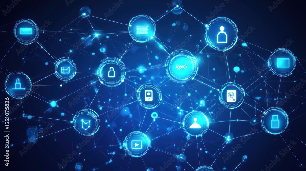 Obraz premium Networked digital icons illuminate a complex technological system