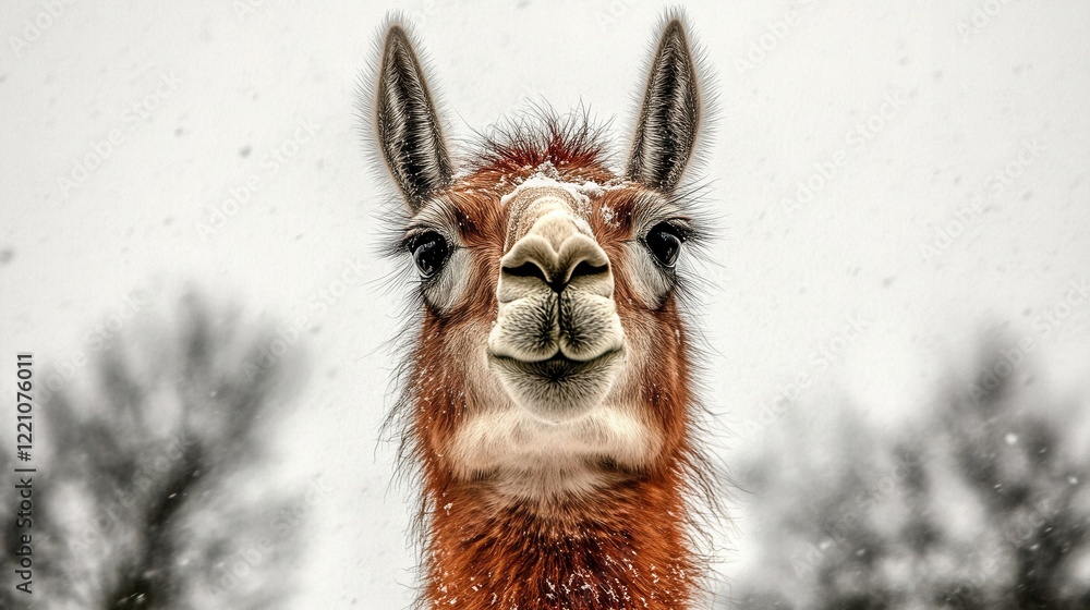 Obraz premium A close-up of a majestic llama standing in a snowy environment, showcasing the serene beauty of nature combined with the striking features of this elegant animal.