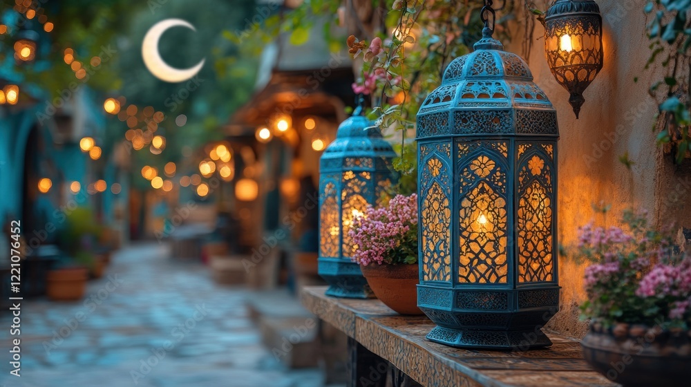 Fototapeta premium Illuminated Lanterns Adorn A Festive Nighttime Street