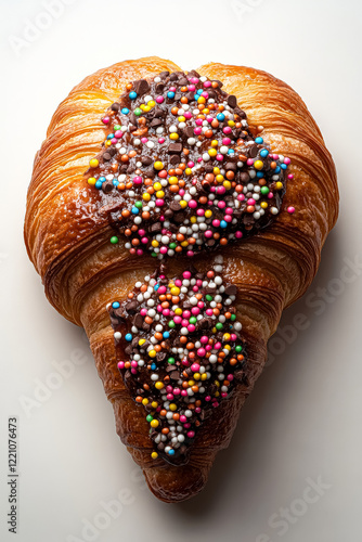 Chocolate covered pastry with colorful sprinkles on top. The pastry is shaped like a heart. The sprinkles are in various colors and sizes, creating a fun and playful appearance photo