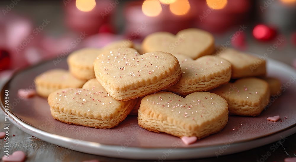 Heart-shaped savory shortbread cookies on a plate festive table setting food photography cozy atmosphere close-up view culinary delight Heart-shaped savory shortbread cookies on a plate festive table setting food photography cozy atmosphere close-up view culinary delight