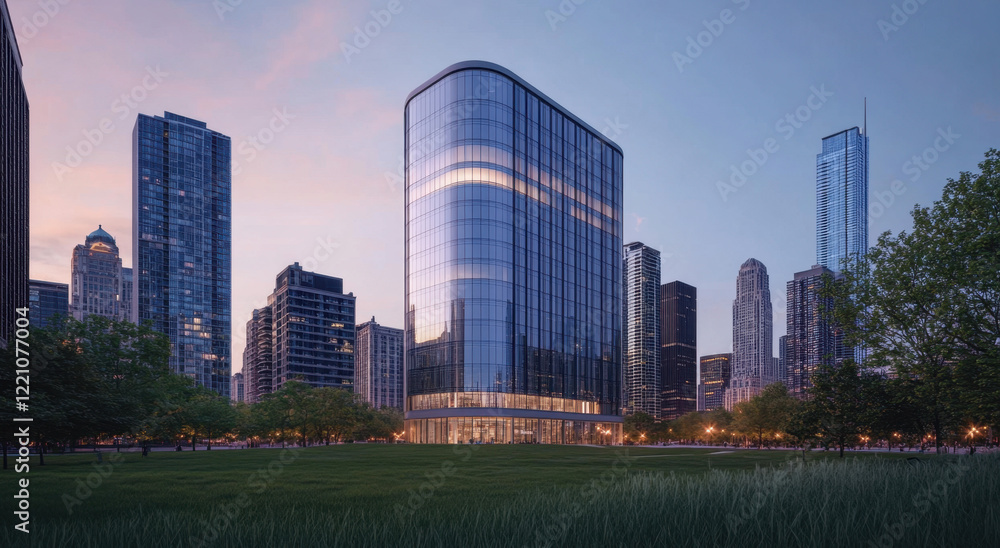 Modern office building stands tall in Chicago's skyline during twilight Modern office building stands tall in Chicago's skyline during twilight