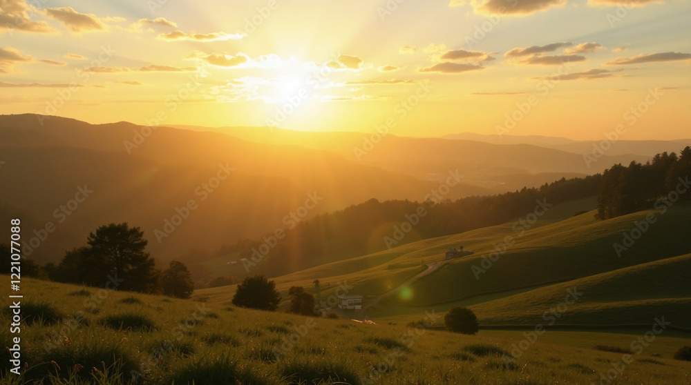 Golden Hour Over Rolling Countryside Hills Golden Hour Over Rolling Countryside Hills