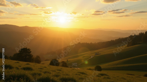 Golden Hour Over Rolling Countryside Hills