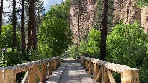 Bandelier National Monument,Los Alamos, New Mexico,USA - Bridge over Frijoles river at Pueblo loop trail at Bandelier National Monument by Los Alamos,hiking, heritage site, cliff dwellings
