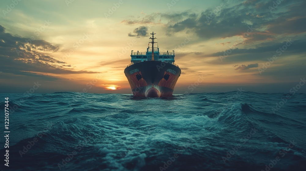 Fototapeta premium Container ship in the sea with beautiful water lines, front view. 