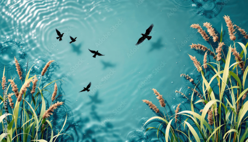 Fototapeta premium Tranquil Pond Scene: Birds in Flight, Serene Water, Reeds
