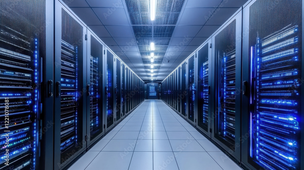 large data center corridor with energy efficient servers and blue lights large data center corridor with energy efficient servers and blue lights