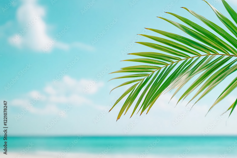 Fototapeta premium Close-up of a palm leaf with soft focus on a tropical beach background, featuring a clear blue sky and calm turquoise water