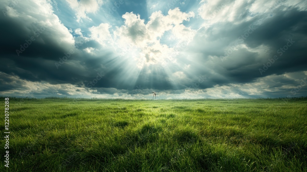 A lone figure stands in a sprawling green field beneath a dramatic sky, illuminated by golden beams of sunlight, representing hope, clarity, and the beauty of nature. A lone figure stands in a sprawling green field beneath a dramatic sky, illuminated by golden beams of sunlight, representing hope, clarity, and the beauty of nature.