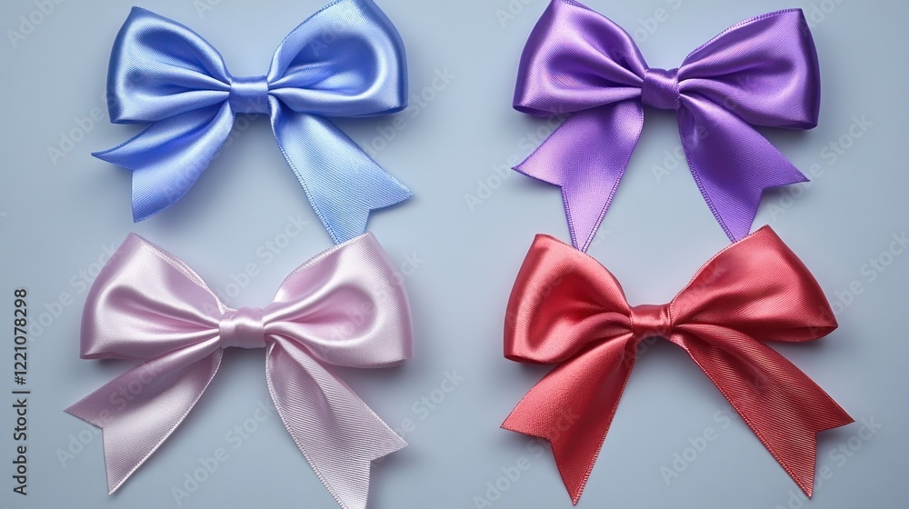 Four Pastel Satin Bows on a Light Blue Background