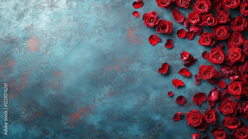 Scattering red rose petals floral arrangement artistic background romantic setting close-up beauty and love