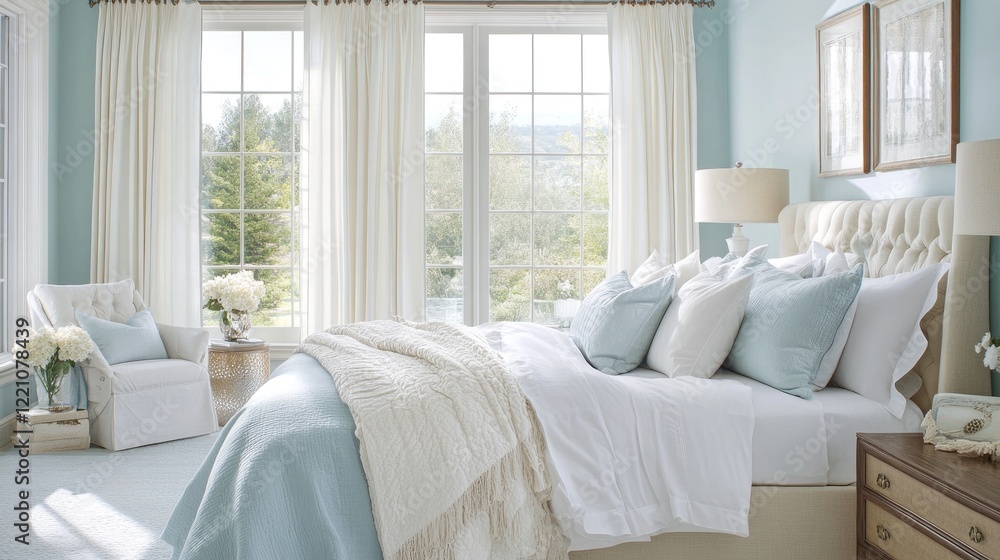 Fototapeta premium A serene bedroom in shades of light blue and white, with a cozy bed and large windows enhancing the room natural brightness and calm atmosphere.