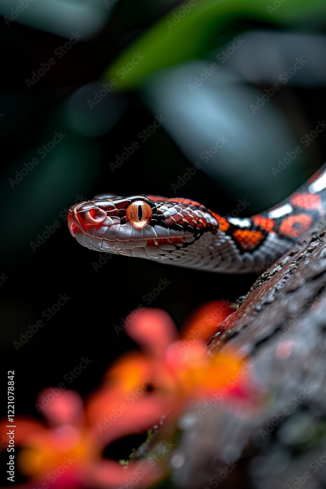 Fototapeta premium Boa Constrictor in Jungle: A large boa constrictor partially coiled around a tree trunk, its scales reflecting dappled sunlight. Surround it with jungle foliage. Reptile. Wildlife. Snakes.