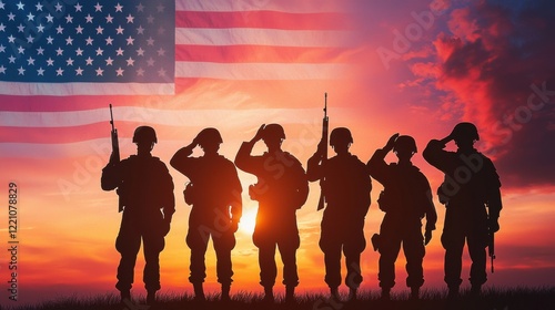 Silhouetted soldiers salute against a vibrant sunset, with the American flag prominently displayed, symbolizing patriotism and honor.
