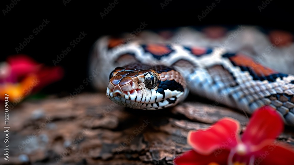 Fototapeta premium Boa Constrictor in Jungle: A large boa constrictor partially coiled around a tree trunk, its scales reflecting dappled sunlight. Surround it with jungle foliage. Reptile. Wildlife. Snakes.