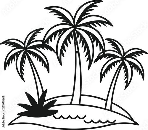 Simple black and white line art illustration of a tropical island with palm trees.