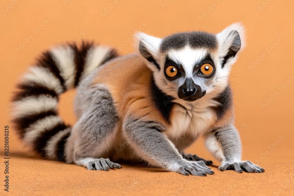 Obraz premium Ring tailed lemur crouching on orange background