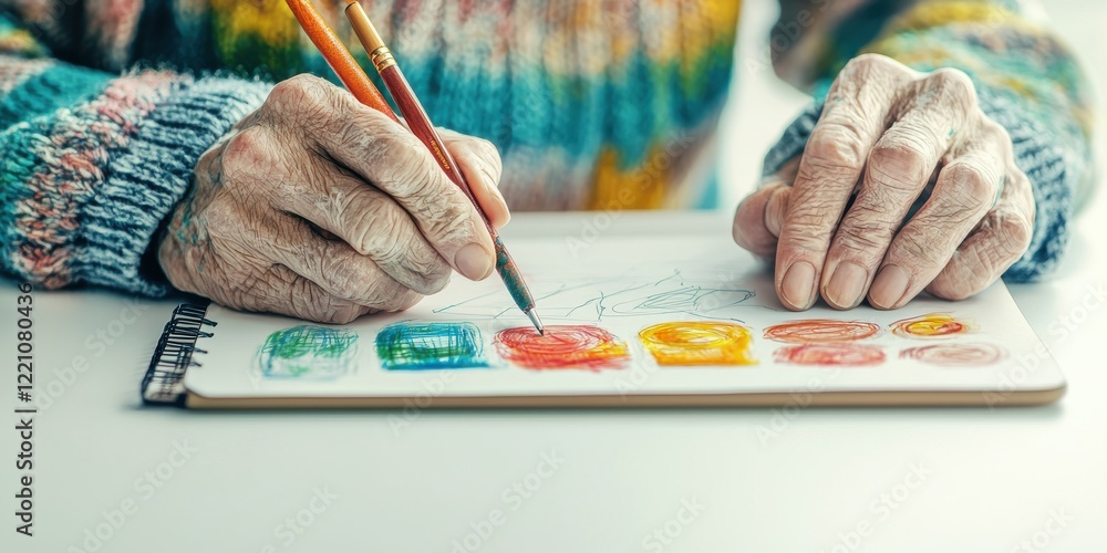 Obraz premium An elderly artist painting with vibrant watercolors in a sketchbook.